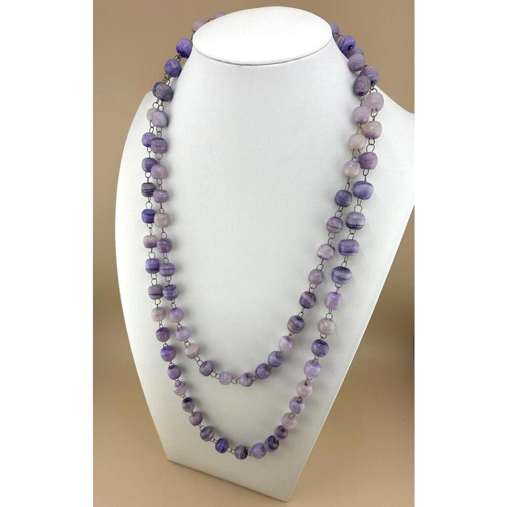 Long Purple Lavender Glass Beaded Necklace Handmade Vintage 50"